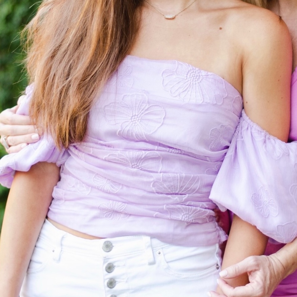 Purple Strapless Puff Sleeve Crop Top